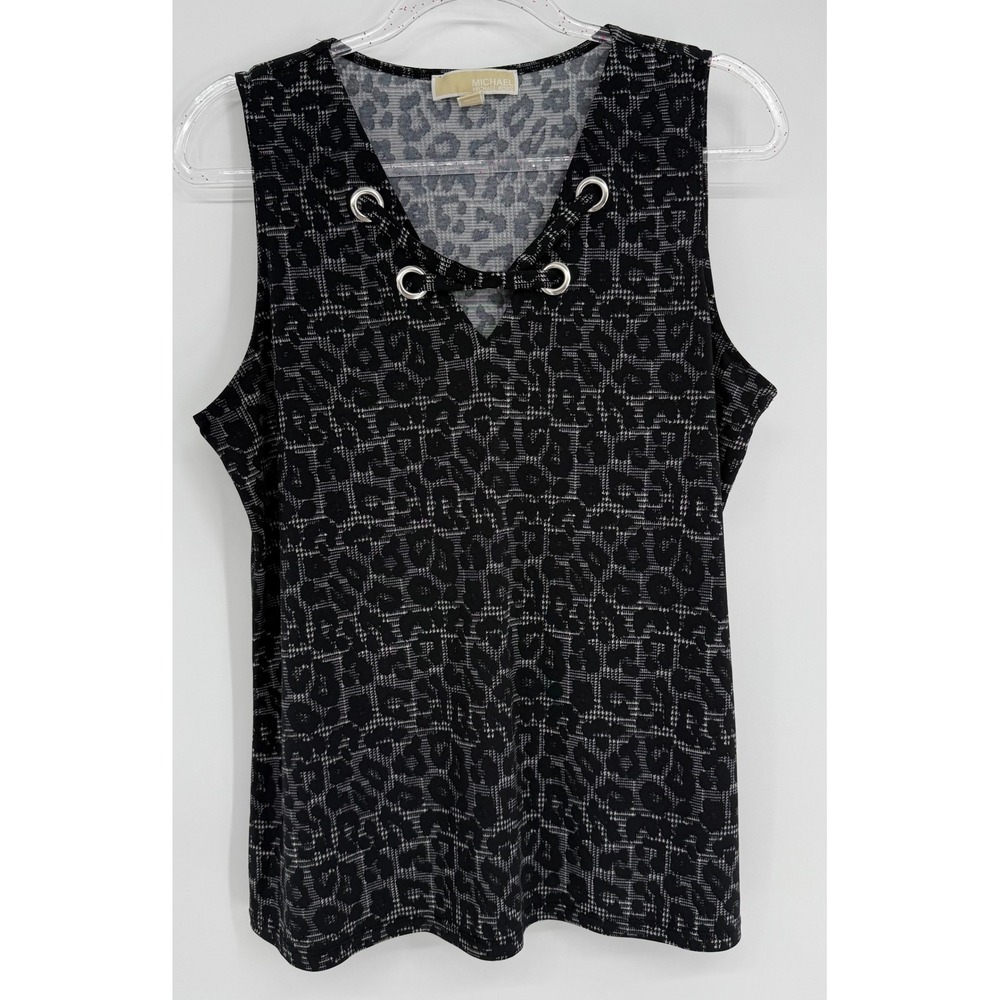 Michael Kors Womens Black Grey Leopard Print Grommet V-Neck Sleeveless Top Sz L